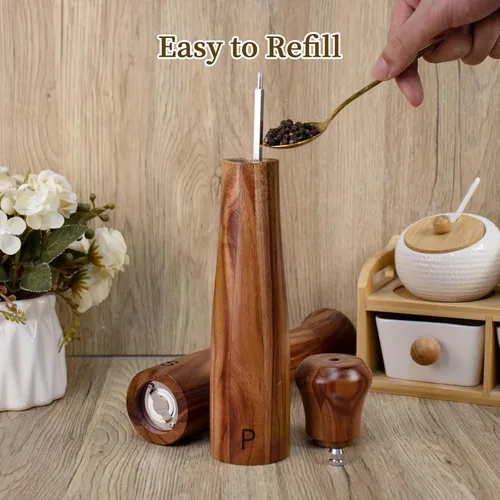 Miniatura 5 de Paquete de 2 Molinillos de Sal y Pimienta de Madera de Acacia de 10 Pulgadas, Molinos Manuales de Sal y Pimienta, Molinillo de Sal Rellenable con 10