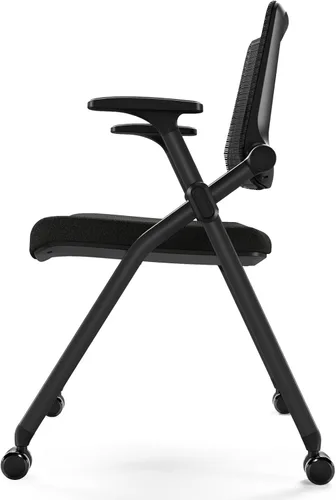Miniatura 5 de Juego de 2 sillas de oficina plegables con ruedas de PU, malla ergonómica con respaldo elástico, silla apilable para sala de conferencias, silla