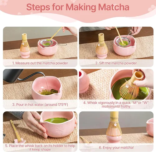 Miniatura 6 de Juego de batidor de matcha, kit de 8 piezas que incluye tazón, batidor de bambú y soporte, cuchara de bambú, colador de té, toalla de té, agitador