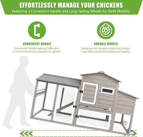 Miniatura 4 de PetsCosset Gallinero de 136 pulgadas con ruedas, gallinero de madera para patio trasero al aire libre para 1-6 pollos, jaula de aves de corral de 2