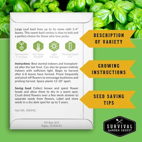 Miniatura 2 de Survival Garden Seeds - Semilla de albahaca de hoja grande para plantar - Paquete con instrucciones para plantar y cultivar plantas de albahaca
