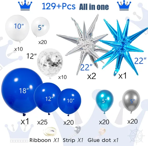 Miniatura 5 de Kit de arco de guirnalda de globos azul real, blanco y plateado, globos azules metálicos con globos de papel de aluminio en forma de explosión Azul
