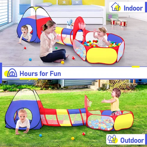 Miniatura 4 de PigPigPen Tienda de campaña 3 en 1 para niños con túnel de juego, pozo de bolas, aro de baloncesto para niños y niñas, juguete de casa