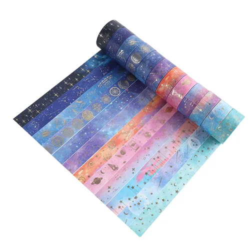 Miniatura 3 de Juego de 12 rollos de cinta adhesiva Galaxy Washi, cinta adhesiva decorativa de lámina dorada para álbumes de recortes, diario, planificador, Galaxy