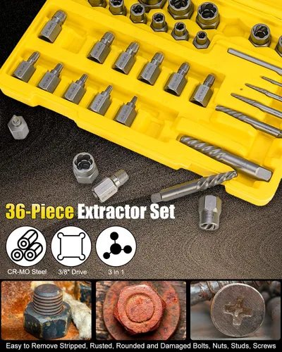 Miniatura 4 de Topec Juego de 36 extractores de tornillos y pernos, juego de extractor de tornillos 3 en 1 Easy Out, juego de dados extractores de pernos rotos