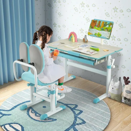 Miniatura 8 de Costzon Escritorio para niños, mesa de estudio ergonómica de altura ajustable para niños con escritorio inclinable y soporte para libros, cajón