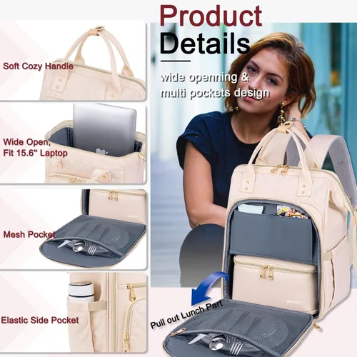 Miniatura 7 de Mochila para Almuerzo Weitars - Mochila para Laptop de 15.6 Pulgadas para Mujeres, para Viaje y Trabajo, Beige, Vacaciones
