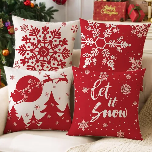 JOJOGOGO Juego de 4 fundas de almohada rojas de copo de nieve de 18 x 18 pulgadas, almohadas decorativas Let It Snow de 18 x 18 pulgadas, Juego de 4