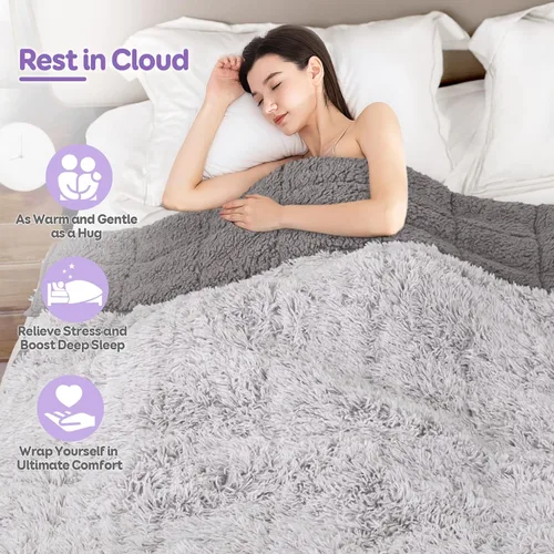 Miniatura 7 de Cottonblue Manta con peso de piel sintética tamaño Queen, manta con peso esponjosa de 15 libras para adultos, acogedora y cálida manta de sherpa
