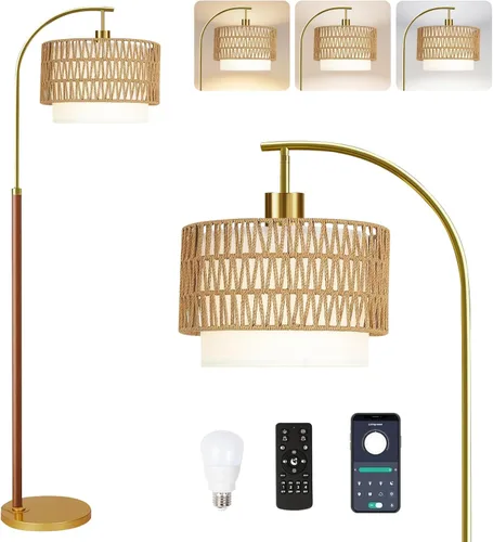 Miniatura 8 de Lámparas de pie de madera para sala de estar, lámpara de pie dorada con control remoto y pantalla de cristal, lámpara de arco de flores, lámpara