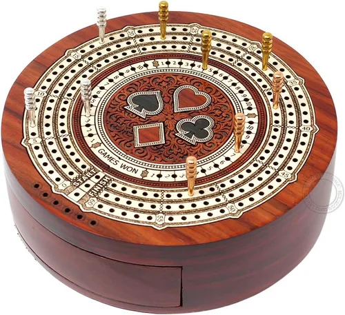 Miniatura 2 de House of Cribbage - Tabla de cuna de 3 pistas de forma redonda no continua - Almacenamiento de cajones para clavijas y 1 baraja de cartas con campos