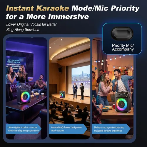 Miniatura 5 de HWWR Máquina de karaoke con 2 micrófonos, altavoz de karaoke portátil Bluetooth 5.3 para eventos al aire libre, reuniones y fiestas, sistema PA