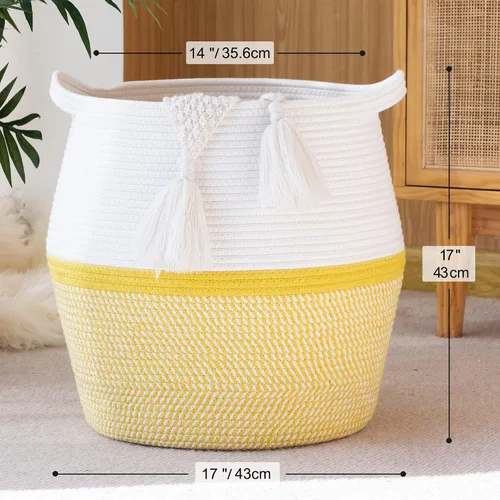 Miniatura 4 de KAKAMAY - Cestas tejidas para almacenamiento (17"x17"), gran cesta de lavandería de cuerda de algodón tejida para bebé, cesta de lavandería Amarillo
