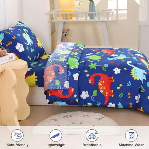 Miniatura 3 de Juegos de ropa de cama para niños pequeños para niños, juego de edredón Premium de 4 piezas de dinosaurio para niños pequeños, cama azul en una