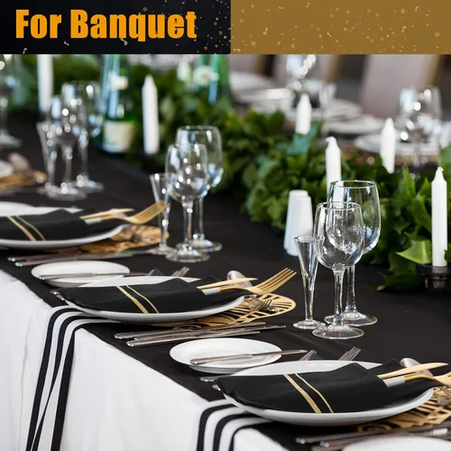 Miniatura 5 de Roshtia Paquete de 50 servilletas desechables de lino con bolsillo integrado para cubiertos con ribete dorado, papel preplegado para bodas