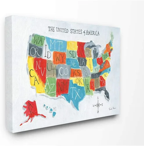 The Kids Room by Stupell World Map of USA - Lienzo decorativo para pared de guardería, 36 x 48 pulgadas, multicolor