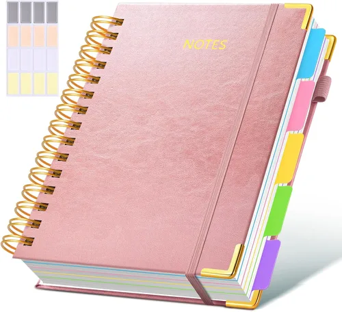 Miniatura 18 de Cuaderno universitario de espiral con tapa dura de cuero de 8 x 10 pulgadas, con pestañas separadoras extraíbles, para 5 materias, a rayas; diario
