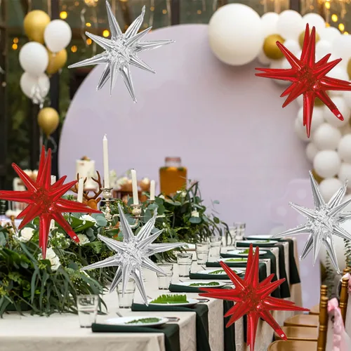 Miniatura 5 de 6 globos de papel de aluminio con forma de estrella plateada de una sola pieza, globo de estrella de 14 puntas 4D, cono de estrella en explosión