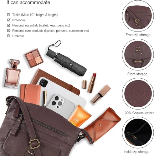 Miniatura 3 de Oak Leathers Leather Crossbody Bag For Women With Adjustable Sling Strap - Medium Size Crossover Shoulder Handbag Purse