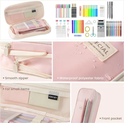 Miniatura 3 de Estuche para lápices de gran capacidad con 5 bolígrafos de gel negros (rosa) Expandable, Water-resistant, 4-compartment design, Versatile, Quality
