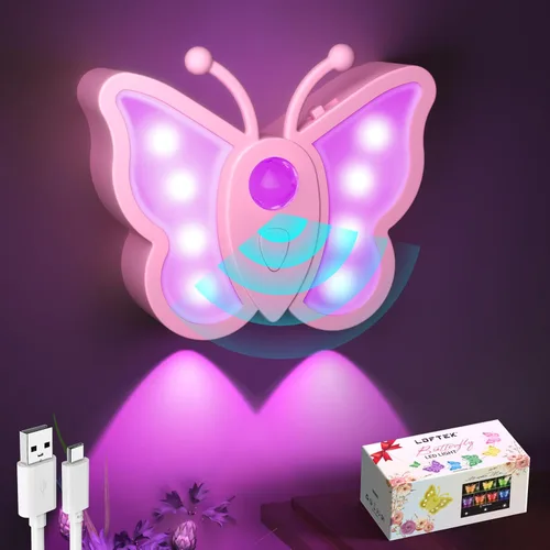 LOFTEK Luz Nocturna de Mariposa, Luz Nocturna Recargable con Sensor de Movimiento, 2 Modos de Color y Luz Nocturna RGB Ajustable, Se Pega en la