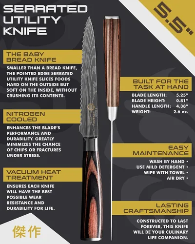 Miniatura 2 de KESSAKU Cuchillo multiusos dentado de 5.5 pulgadas - Serie Samurai - Cuchillo de cocina afilado - Acero inoxidable de alto carbono forjado 7Cr17MoV