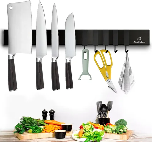 Tira magnética para cuchillos de cocina de alta resistencia de 16 pulgadas con 5 ganchos adicionales, herramientas magnéticas de acero inoxidable