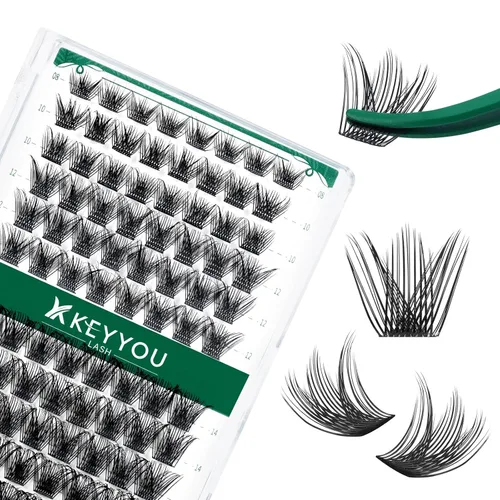 Miniatura 117 de KEYYOU Racimos de pestañas, 96 piezas de extensiones de pestañas DIY, rizado D de 16 mm, negro, realista, no irritante, fácil de colocar en casa
