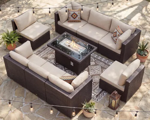 Miniatura 23 de NICESOUL Juego de muebles de patio para exteriores de 7 piezas con mesa para hoguera, gas natural y propano convertible, respaldo alto de 29.3
