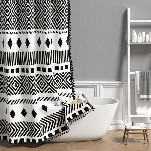 Miniatura 8 de AOFOTO Cortina de Ducha Boho con Patrón Geométrico de Rayas Negras Cortinas de Ducha para Baño con Borlas Cortina de Ducha Bohemia Decoración