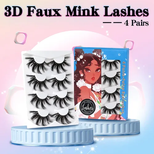 Miniatura 6 de Losha Pestañas de visón sintético 3D de 0.98 pulgadas, pestañas de volumen gruesas, cruzadas, lujosas, suaves, finas, paquete de 4 pares