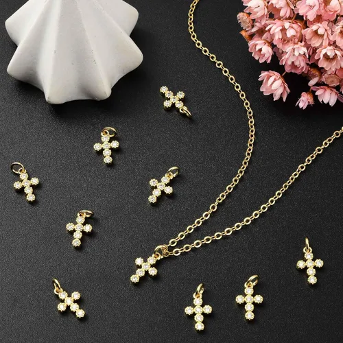 Miniatura 5 de KitBeads 10 dijes de cruz de circonita cúbica chapados en oro de 18 quilates con cruz religiosa para hacer joyas, pulseras, collares, aretes a granel