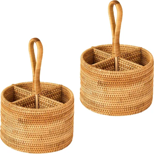 Miniatura 6 de i-lan Juego de 2 organizadores de utensilios de ratán con asa (7 pulgadas), soporte de mimbre tejido de 4 secciones para bolsas de té y condimentos