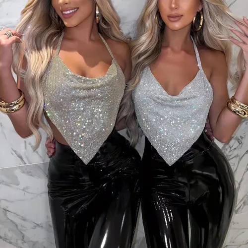 Miniatura 6 de JUMISEE Camiseta corta sin espalda con diamantes de imitación brillantes para mujer, cuello de capucha, sexy, con cadena, para fiesta, club nocturno