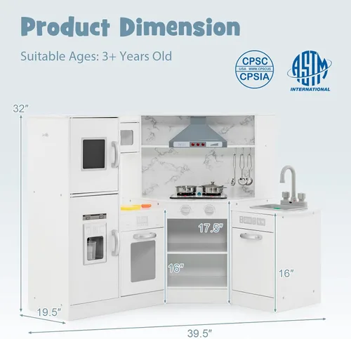 Miniatura 9 de Costzon Juego de cocina para niños, 2 piezas de juguete de cocina con luz, sonido, lavabo, microondas, pizarra, máquina de hielo, campana Blanco