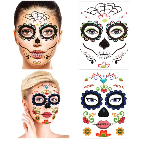 Miniatura 4 de Tatuajes faciales temporales de Halloween (paquete de 8 unidades), Konsait Día de los Muertos, calavera de azúcar, floral, negro, esqueleto, red