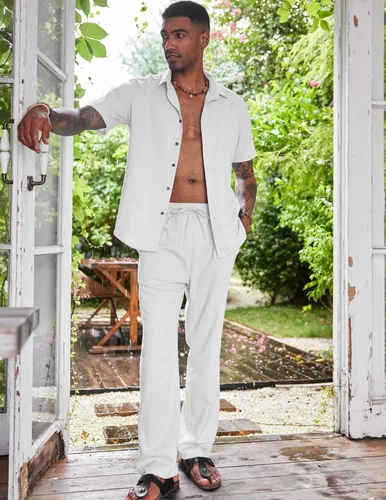 Miniatura 3 de COOFANDY Conjunto de 2 piezas de lino para hombre, conjunto de camisa y pantalón con botones para la playa