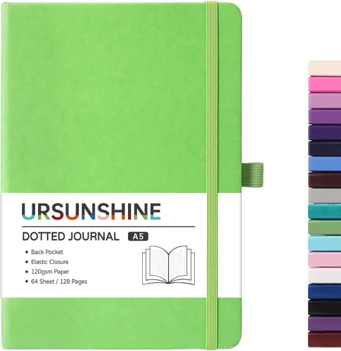 Miniatura 14 de Cuaderno punteado, diario, 5.3 x 8.26 pulgadas, tapa dura, prémium, papel grueso, doble espiral, bandas, cuero negro sintético, lazo para bolígrafo