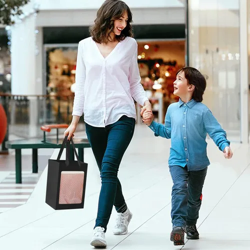 Miniatura 6 de BallHull 12 bolsas de regalo de papel kraft negro con ventana transparente, bolsas de compras kraft de 9.84"x7.0"x5.12" con asas para ramos