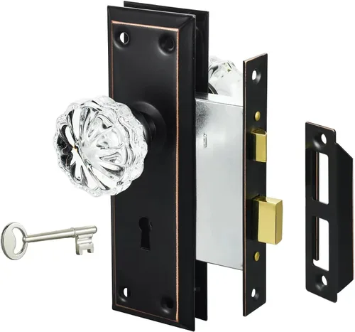Juego de 3 cerraduras embutidas para puerta interior, perillas de puerta de vidrio de cristal, perillas de puerta vintage con cerradura y llave de