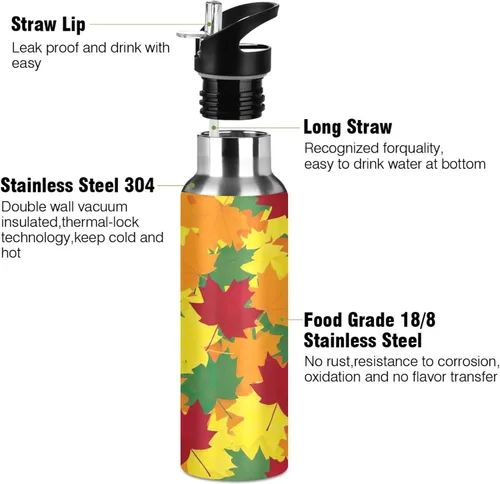 Miniatura 3 de Insulated Stainless Steel Water Bottle with Straw 20 Oz, BPA-Free Sports Water Bottle with Straw for Gym Outdoor Travel School, Autumn Maple Leaves