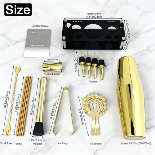 Miniatura 3 de Juego profesional de coctelera con soporte y recetas de cócteles, kit de 15 piezas de 750/600ml para barman, juego de utensilios de bar, juego de Oro