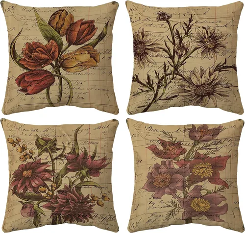 Juego de 4 fundas de almohada decorativas con diseño vintage de tulipanes y margaritas y girasoles, 18 x 18 pulgadas, para sofá, cama, decoración