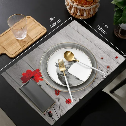 Miniatura 6 de Juego de 6 manteles individuales de flores de amapola roja para mesa de comedor, manteles individuales de lino de algodón gris rústico