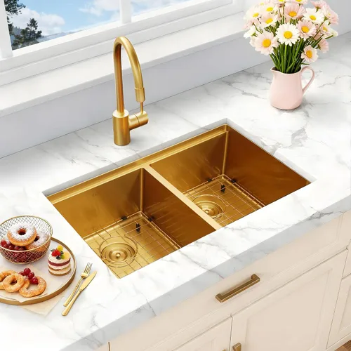Miniatura 22 de LQS Fregadero de cocina dorado de 31 pulgadas, fregadero de cocina doble dorado, fregadero de acero inoxidable de montaje inferior calibre 16
