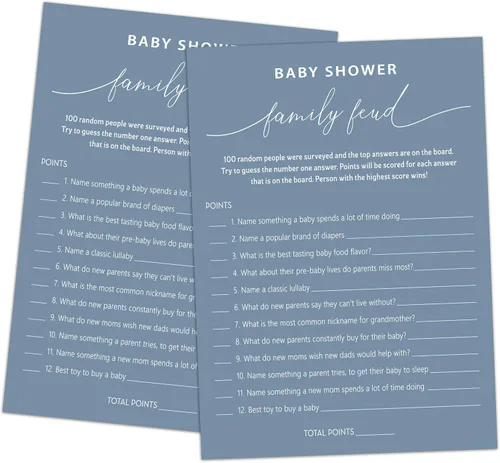 Miniatura 30 de Family Feud - Juego de baby shower, paquete de 30 tarjetas, clave de respuestas, decoraciones de género neutro, suministros de juego