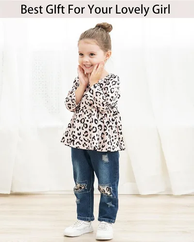 Miniatura 2 de NZRVAWS Ropa para bebé niña pequeña, conjunto de pantalones de mezclilla rasgados con volantes florales de leopardo para niña 0-4T