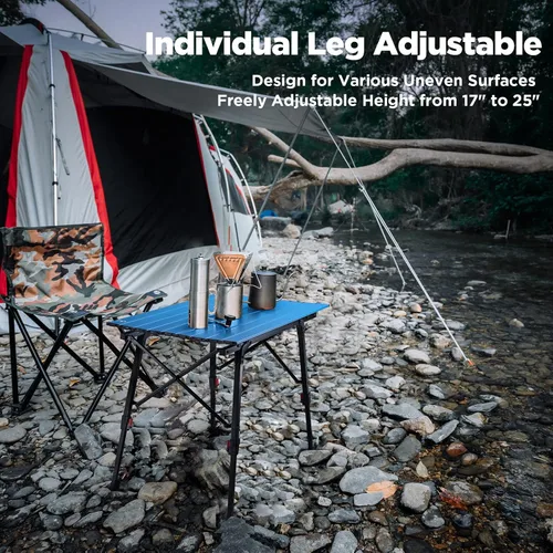 Miniatura 5 de Mesa de camping portátil VILLEY con patas ajustables, mesa de playa ligera de aluminio plegable con bolsa de transporte para cocinar al aire libre