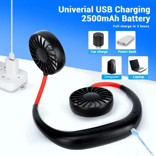Miniatura 4 de Ventilador de cuello portátil recargable, ventilador personal manos libres, mini USB, con banda para el cuello, ventilador deportivo de 3 Rojo Negro