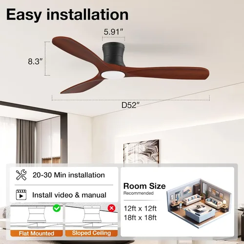 Miniatura 7 de Hoenofly - Ventiladores de techo empotrados inteligentes de madera de 52" con luces y control remoto, motor CC silencioso, ventilador de techo